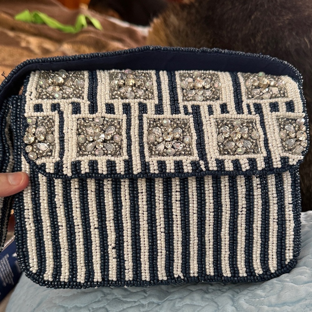 Elegant Beaded Navy and White Clutch